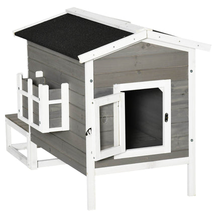 Weatherproof Outdoor Cat House with Porch & Escape Door - Feral Cat Shelter with Plant Stand | Dark Grey/White Wood Construction - Marcapon