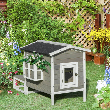 Weatherproof Outdoor Cat House with Porch & Escape Door - Feral Cat Shelter with Plant Stand | Dark Grey/White Wood Construction - Marcapon
