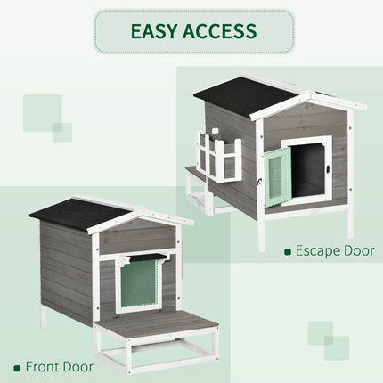Weatherproof Outdoor Cat House with Porch & Escape Door - Feral Cat Shelter with Plant Stand | Dark Grey/White Wood Construction - Marcapon