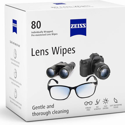 ZEISS Pre-Moistened Lens Cleaning Wipes – Anti-Fog, Streak-Free, Safe for Coated Glasses & Screens – 80 to 600 Count